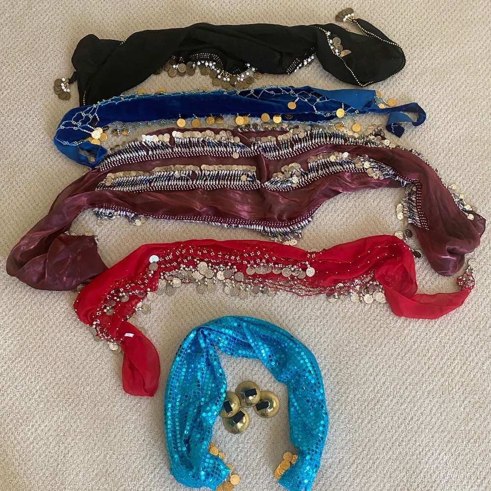 4 Belly Hip Scarf Wrap Plus 2 Pairs of Finger Cymbals Plus 1 Sparkly Scarf